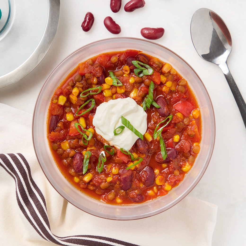 Rich, hearty chili served in the glass Anyday dish, packed with flavor from simmered beans, lentils, tomatoes, and spices. Microwave-prepared for a quick, satisfying meal with minimal cleanup, this chili stays fresh and ready in the fridge.