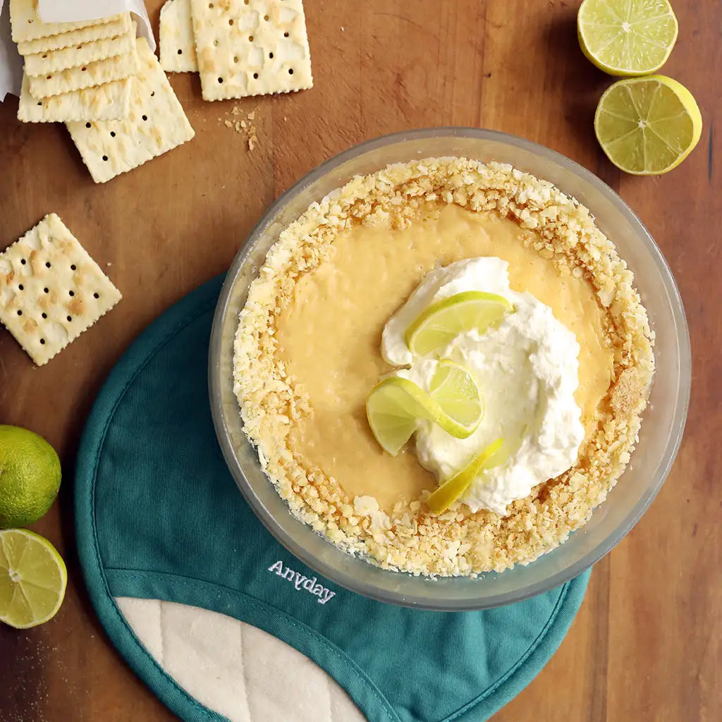 Delicious take on Food52' Atlantic Beach Pie made and served in the glass Anyday dish, showcasing a tangy lemon filling nestled in a buttery crust.