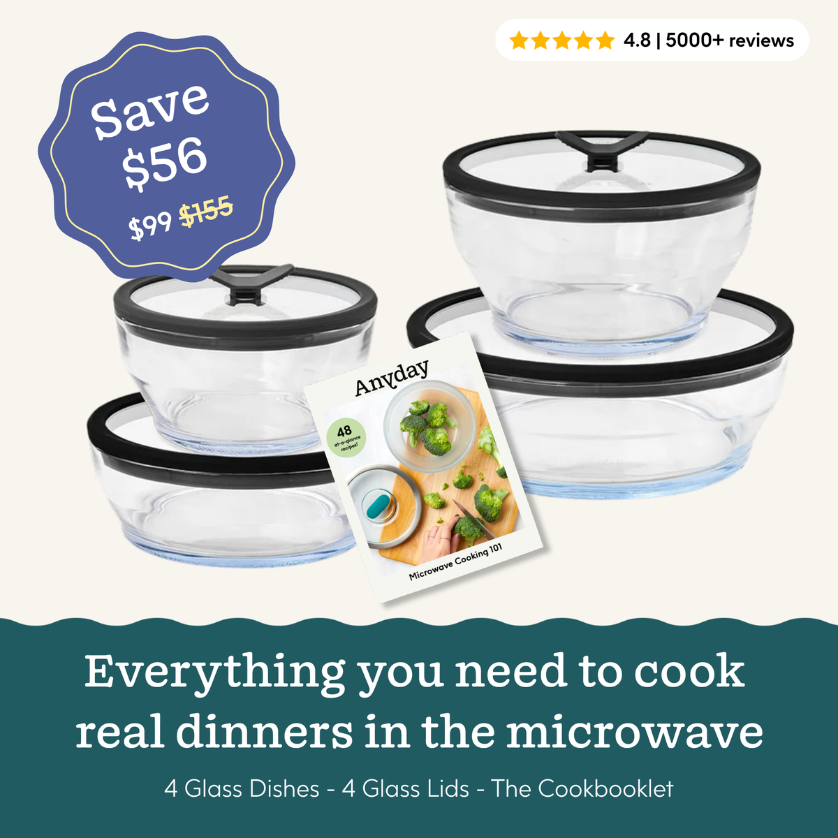 Anyday 8-Piece Clear Glass Starter Set including four glass dishes with glass lids and a microwave cookbook, featuring a savings badge and a 4.8-star rating.