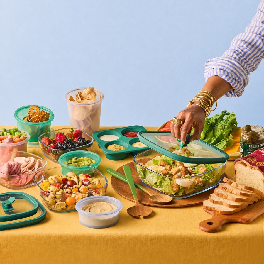 A meal served in Anyday glass cookware on a dining table