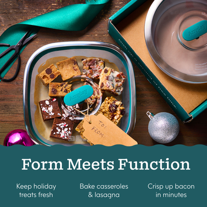 The Ultimate Gift Bundle (kale) features a Frosted Square Set filled with assorted bar cookies and a tag labeled To: From: next to a round glass dish with a silicone lid in a gift box, with the text Form Meets Function below.