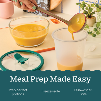 A hand uses a ladle to pour meal prep soup into a tall Anyday Lovers Bundle silicone vessel next to a round glass dish, accompanied by text promoting healthy habits.