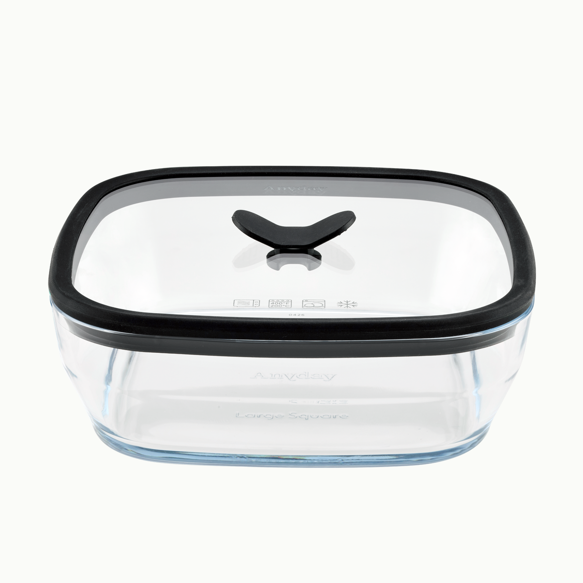 Anyday 10-Cup Glass Square Shallow Dish in Black Sesame, a square frosted glass food storage container with a vented glass lid featuring a black silicone rim and a black center vent handle.