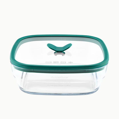 Anyday 10-Cup Glass Square Shallow Dish in kale, a square frosted glass food storage container with a green vented glass lid and a central lifting handle.