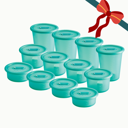 The Anydeli Lovers Bundle featuring ten basil-colored silicone food storage containers with lids, arranged in a group with a decorative red bow across the top.