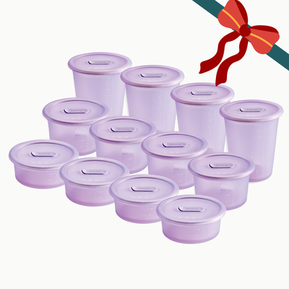 The Anydeli Lovers Bundle featuring eleven Ube-colored silicone food storage containers of varying heights, arranged together with a large red ribbon graphic at the top right.