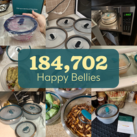 A collage of the 8-Piece Frosted Glass Round Dish Starter Set in various kitchen settings, with text overlay: 184,702 Happy Bellies. The lidded glass bowls contain different foods and are featured in microwaves, refrigerators, and on counters—perfect for any kitchen bundle or as a companion to your favorite cookbooklet.