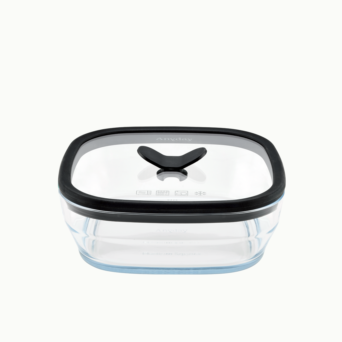 Anyday 5.5-Cup Glass Square Shallow Dish in Black Sesame, a square frosted glass food storage container with a vented glass lid, featuring a black rim and a black center handle.
