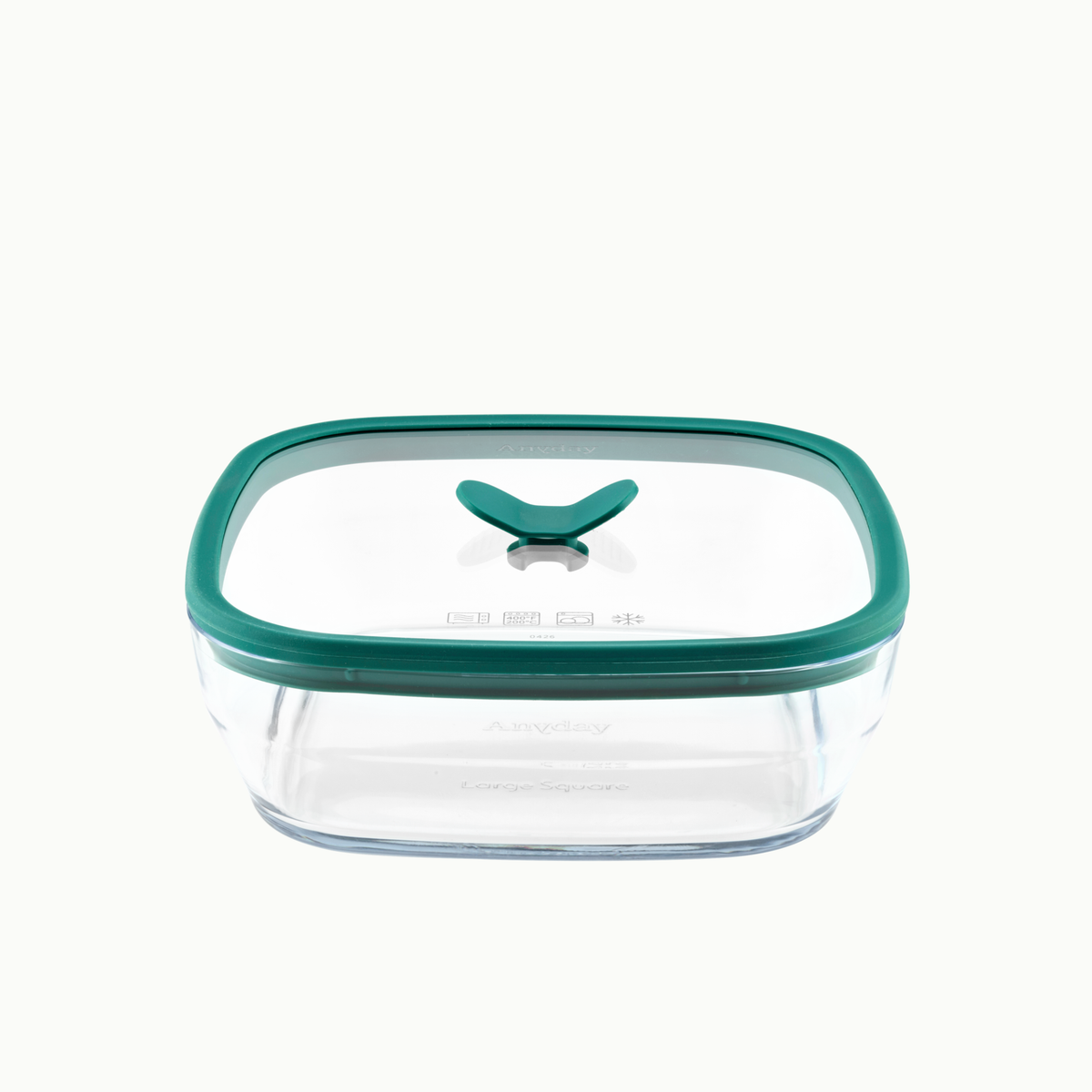 Anyday 5.5-Cup Glass Square Shallow Dish in kale, featuring a frosted glass container and a vented glass lid with a green rim and a central green handle.