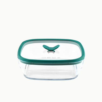 Anyday 5.5-Cup Glass Square Shallow Dish in kale, featuring a frosted glass container and a vented glass lid with a green rim and a central green handle.