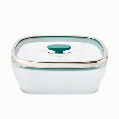 Anyday 10-Cup Glass Square Shallow Dish in kale, a square frosted glass food container with a vented glass lid featuring a dark green silicone knob and a metal rim.