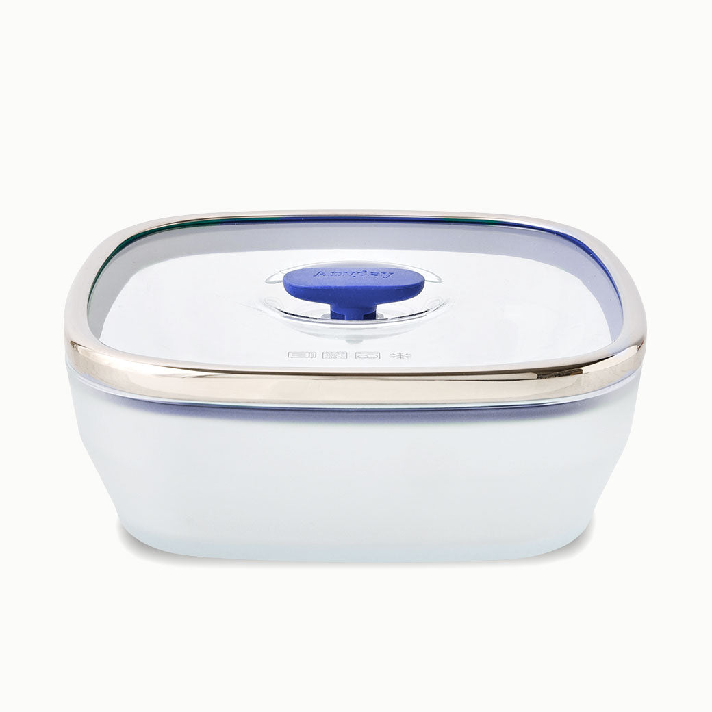 Anyday 10-Cup Glass Square Shallow Dish in blueberry, featuring a frosted glass base and a blue vented glass lid with a central knob.
