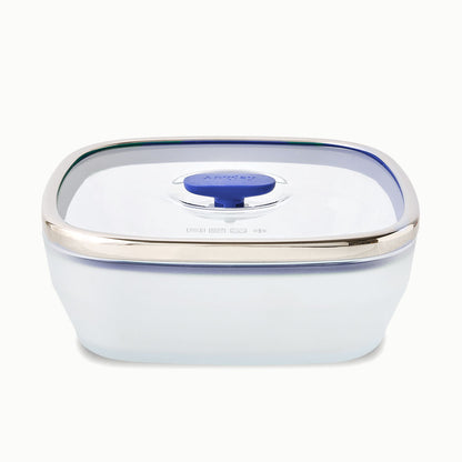 Anyday 10-Cup Glass Square Shallow Dish in blueberry, featuring a frosted glass base and a blue vented glass lid with a central knob.