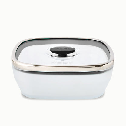 Square frosted glass 10-Cup Glass Square Shallow Dish with a vented glass lid featuring a black handle in Black Sesame.