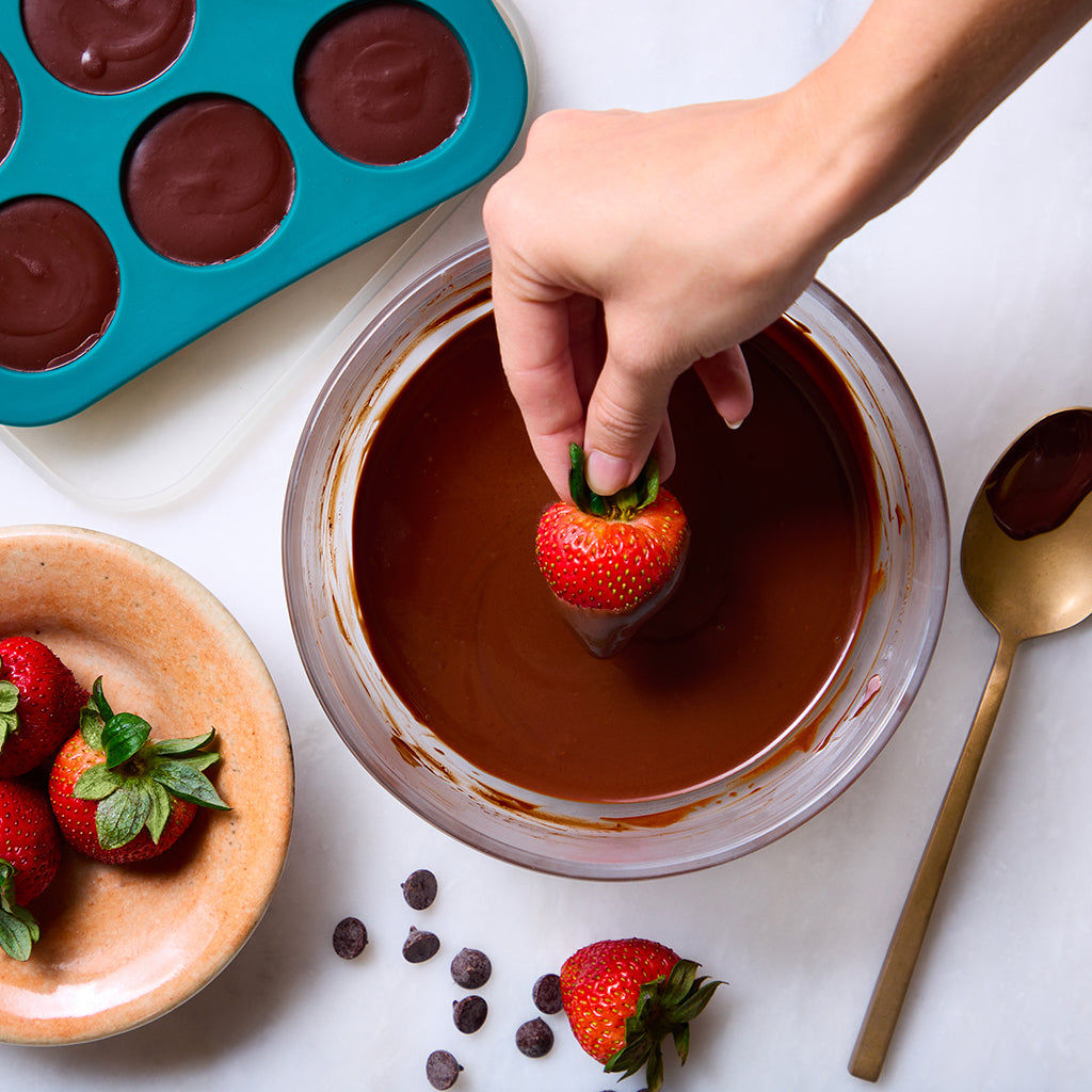 Chocolate Ganache made and served in the glass Anyday dish, featuring a rich and smooth chocolate spread.