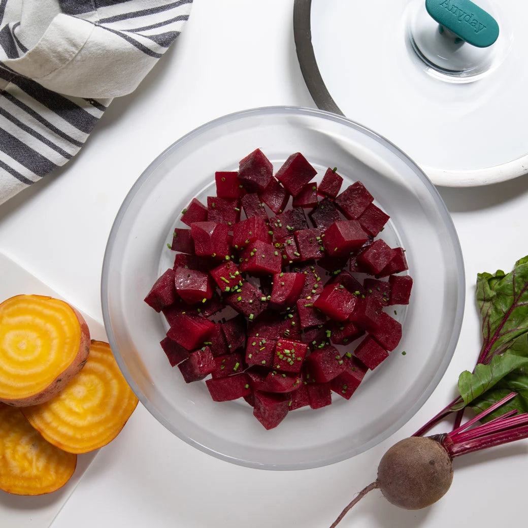 Beets cooked and served in the glass Anyday dish, featuring tender and perfectly cooked beets, ideal for salads, side dishes, or as a healthy snack.