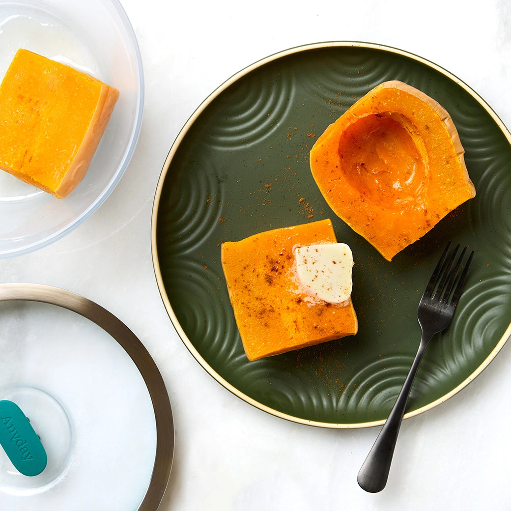 Perfectly cooked butternut squash made and served in the glass Anyday dish, providing a tender and naturally sweet side dish. This method ensures evenly cooked squash, ideal for mashing, roasting, or adding to soups and salads.