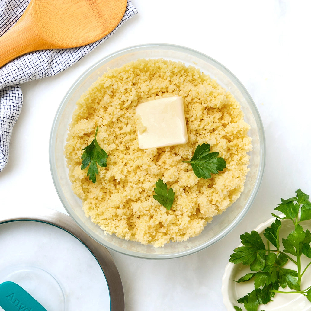 Fluffy and perfectly cooked couscous made in the glass Anyday dish, which consists of tender couscous grains with minimal effort. This quick and easy microwave recipe delivers a versatile and delicious side dish, perfect for pairing with a variety of meals.