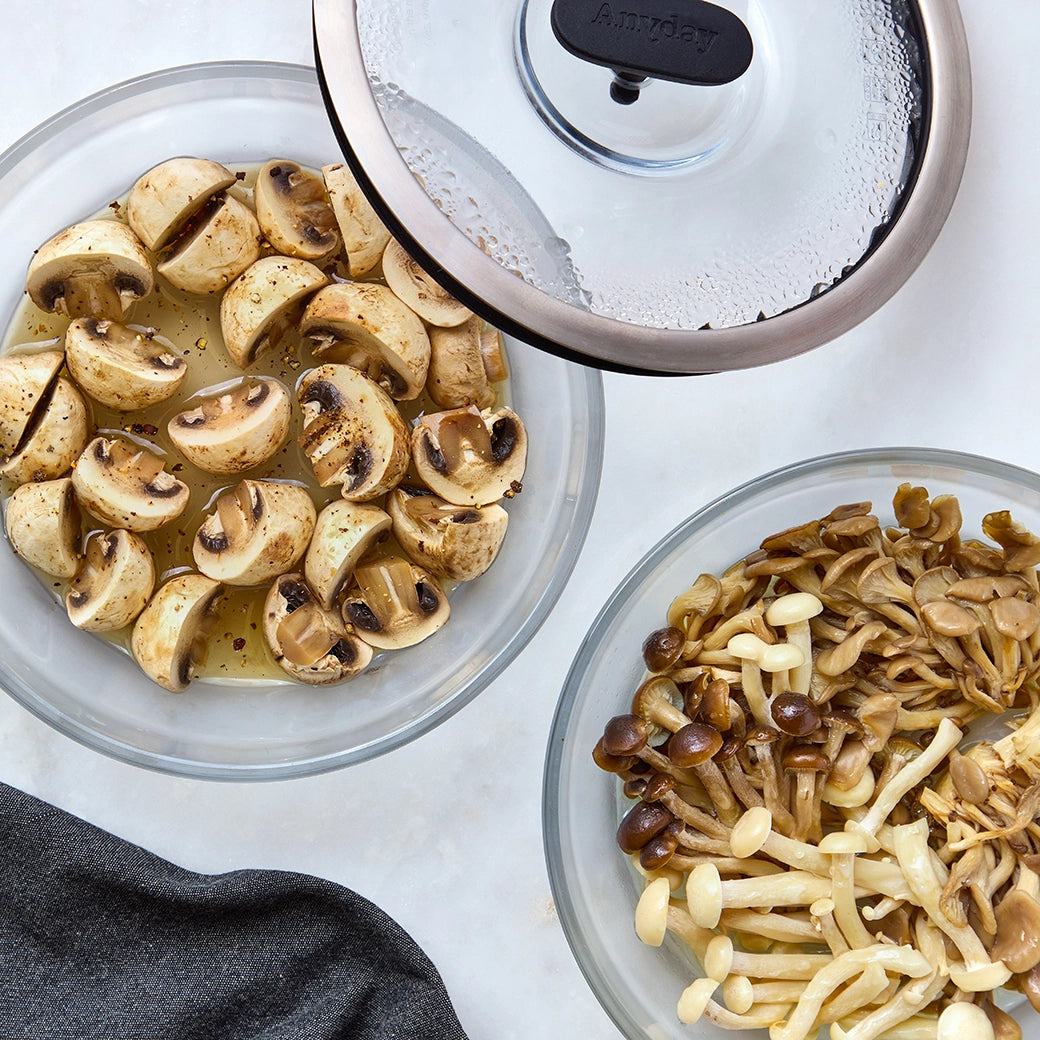 Perfectly cooked mushrooms made and served in the glass Anyday dish, providing tender and flavorful mushrooms. This method ensures evenly cooked mushrooms, ideal for adding to stir-fries, pastas, or as a delicious side dish.