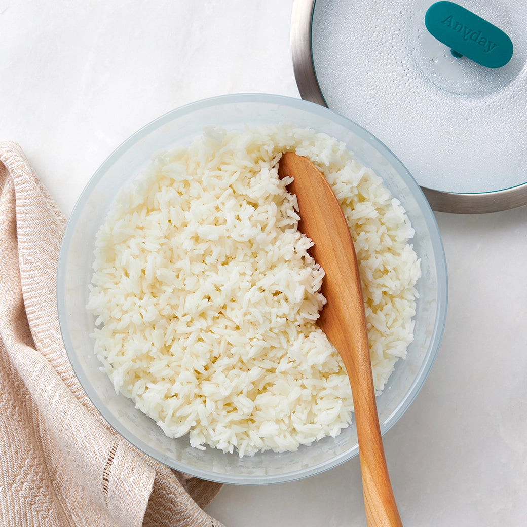 A steaming bowl of fluffy white rice in an Anyday dish, cooked to perfection.