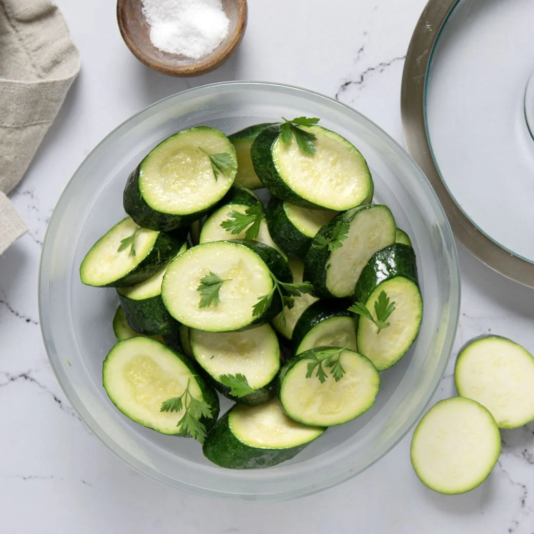 Perfectly cooked zucchini made and served in the glass Anyday dish, providing tender and flavorful slices. This method ensures evenly cooked zucchini, ideal for a quick and healthy side dish or adding to various recipes.