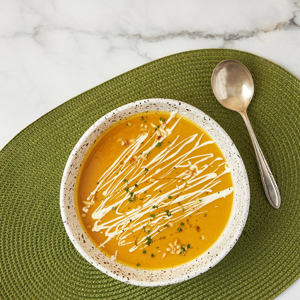 Rich and creamy butternut squash soup made in the glass Anyday dish, which consists of tender butternut squash blended with aromatic spices and broth. This quick and easy microwave recipe delivers a comforting and flavorful soup, perfect for a cozy meal.