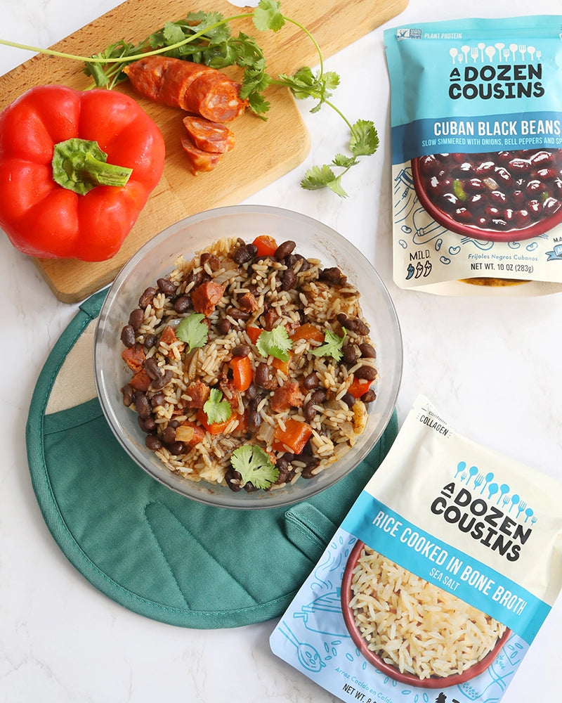 Easy and delicious cuban rice made with A Dozen Cousins Cuban Black Beans and Sea Salt White Rice, made in the glass Anyday dish for a quick microwave meal.