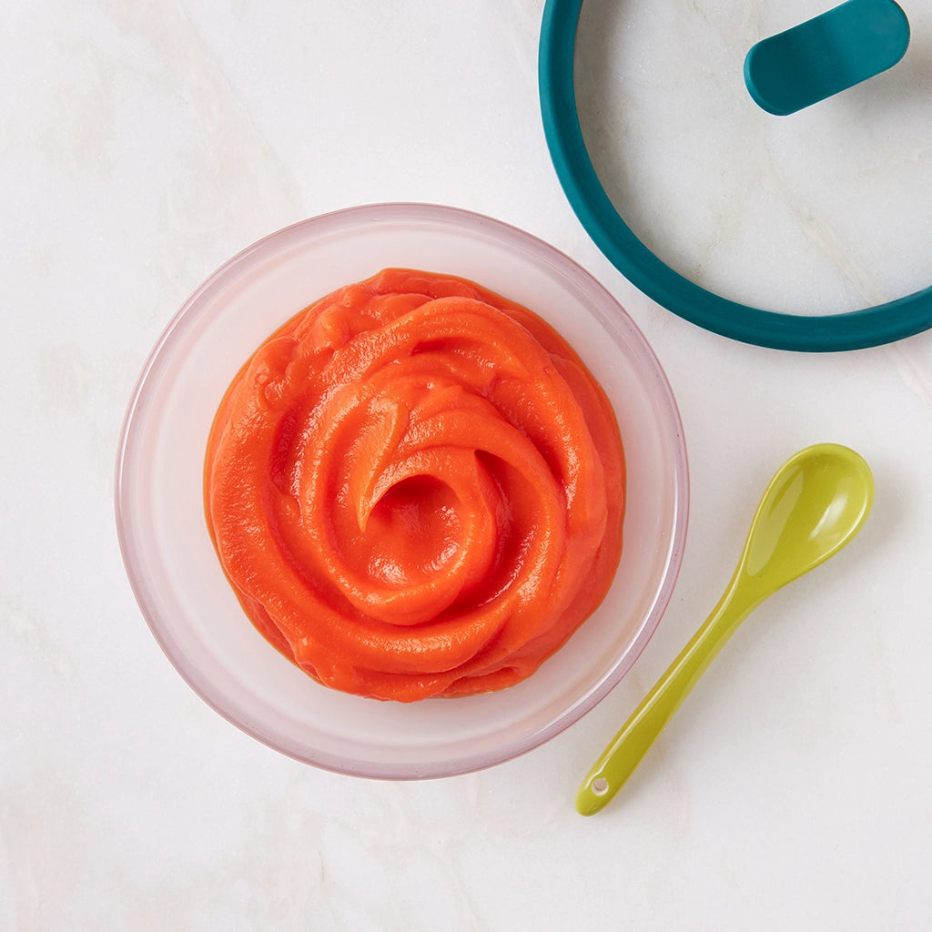 Carrot Purée made and served in the glass Anyday dish, featuring a smooth and creamy blend of carrots, perfect for babies