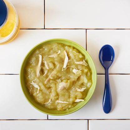 Chicken, Potato, and Celery Purée made and served in the glass Anyday dish, featuring a smooth blend of chicken, potatoes, and celery good for babies.