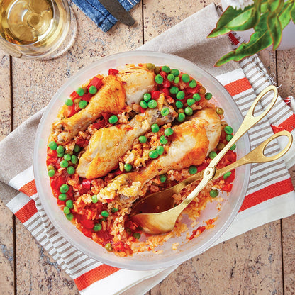 Chicken and Rice made and served in the glass Anyday dish, featuring tender chicken pieces and fluffy rice cooked together with aromatic spices.