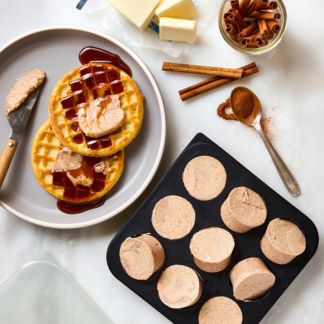 Sweet cinnamon butter portions in an Anyday Anytime Freezer Tray, perfect for pancakes, toast, French toast, or baked sweet potatoes.