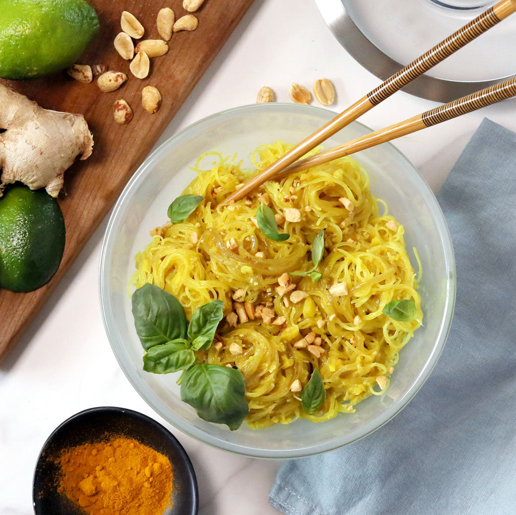 Coconut Rice Noodles made and served in the glass Anyday dish, featuring tender rice noodles cooked in a creamy coconut sauce.