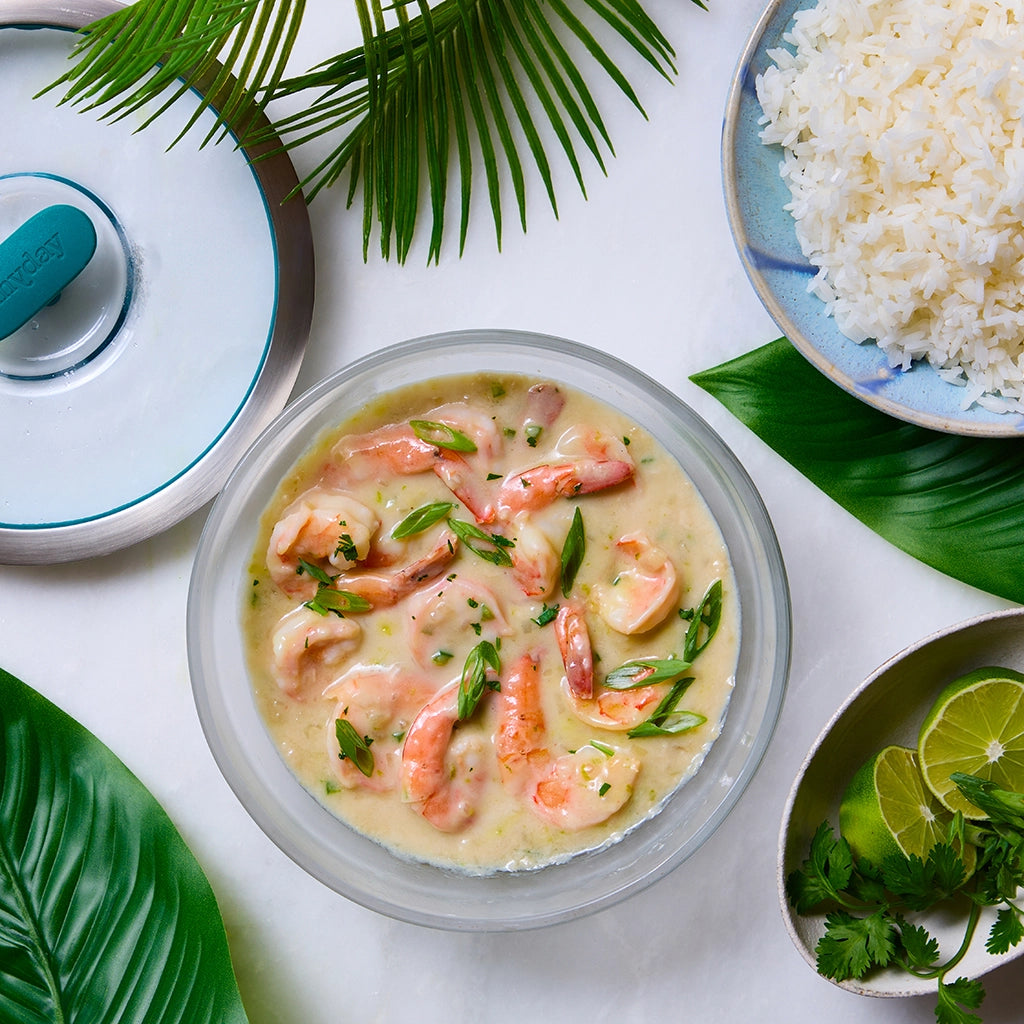 Coconut Lime Shrimp made and served in the glass Anyday dish, featuring succulent shrimp in a creamy coconut lime sauce.