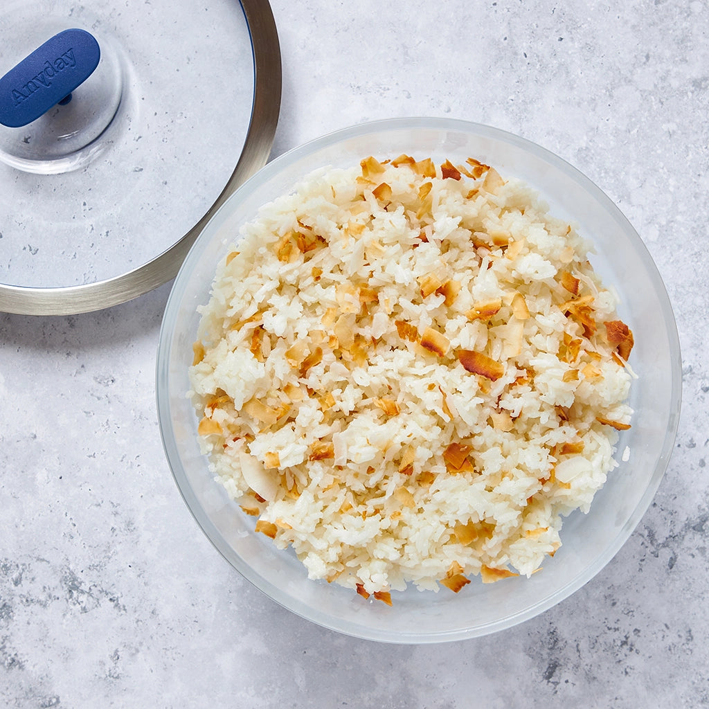 Coconut Rice made and served in the glass Anyday dish, featuring fluffy rice seasoned with creamy coconut milk.