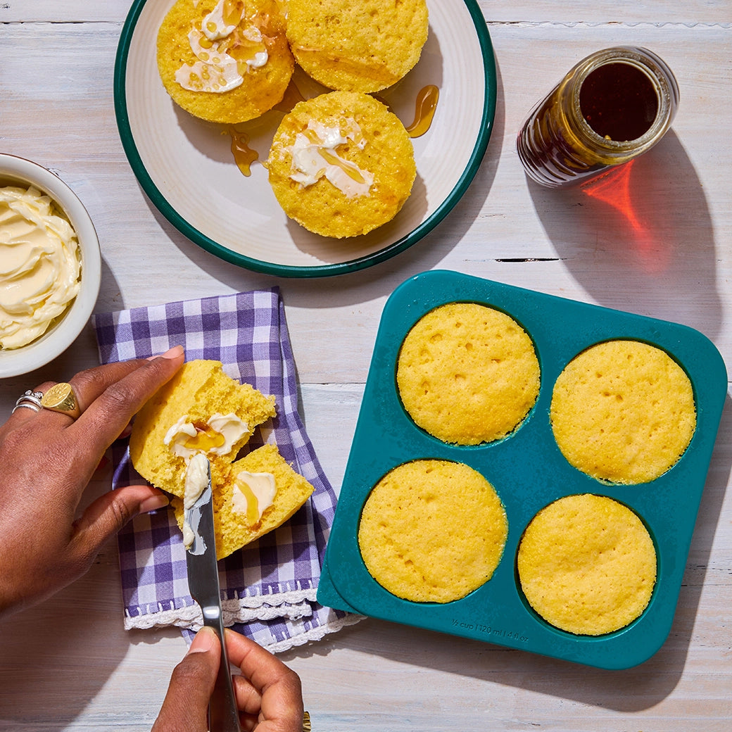 Deliciously moist cornbread made in the Anytime Freezer Tray, featuring a tender, crumbly texture. This easy microwave recipe delivers classic and flavorful cornbread, perfect as a side dish for any meal.
