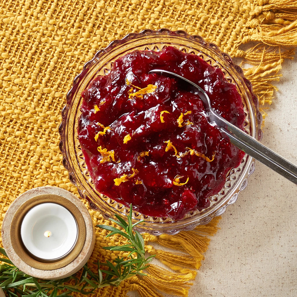 Cranberry Sauce made and served in the glass Anyday dish, featuring a vibrant and tangy blend of cranberries with a hint of sweetness.