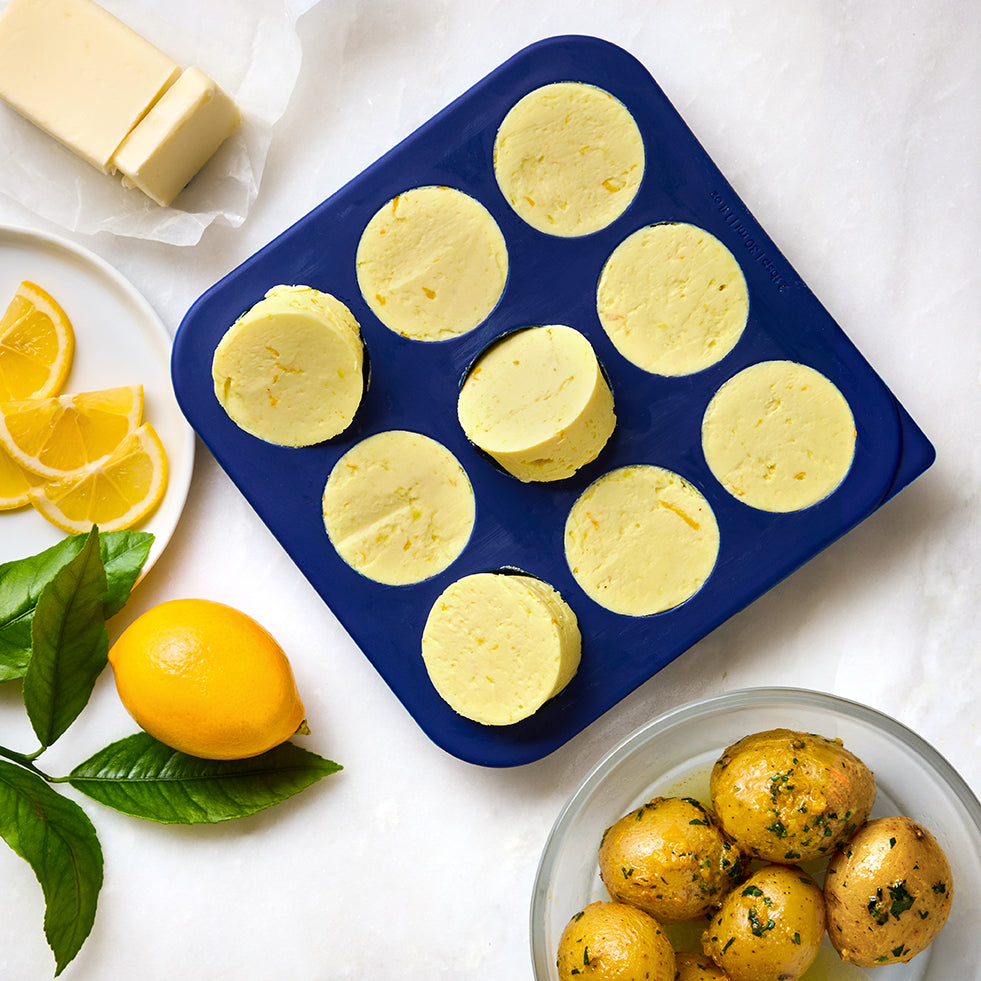 Lemon butter with zest, juice, and Dijon, stored in an Anyday Anytime Freezer Tray for portioning. Great for savory or sweet recipes.