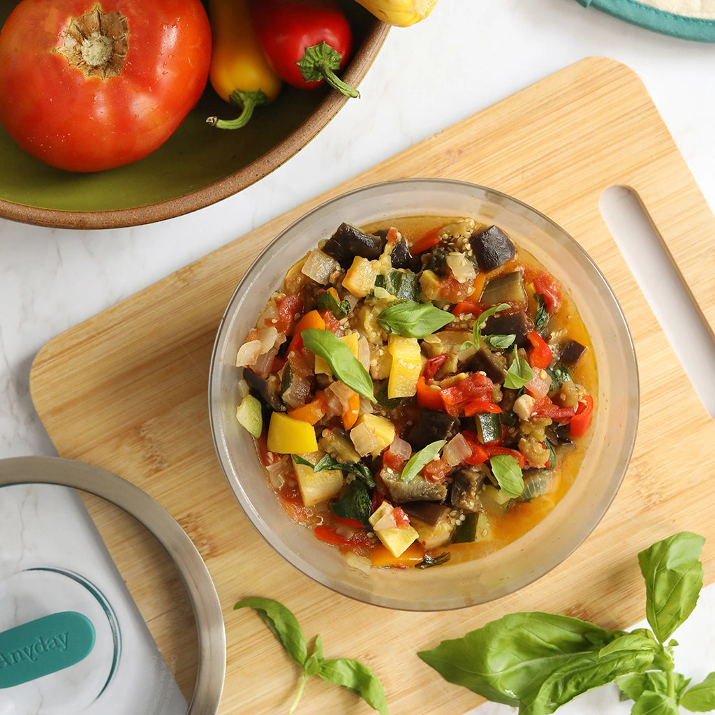 Food52's Genius Ratatouille made and served in the glass Anyday dish, featuring a colorful medley of vegetables like eggplant, zucchini, and tomatoes, cooked to perfection.