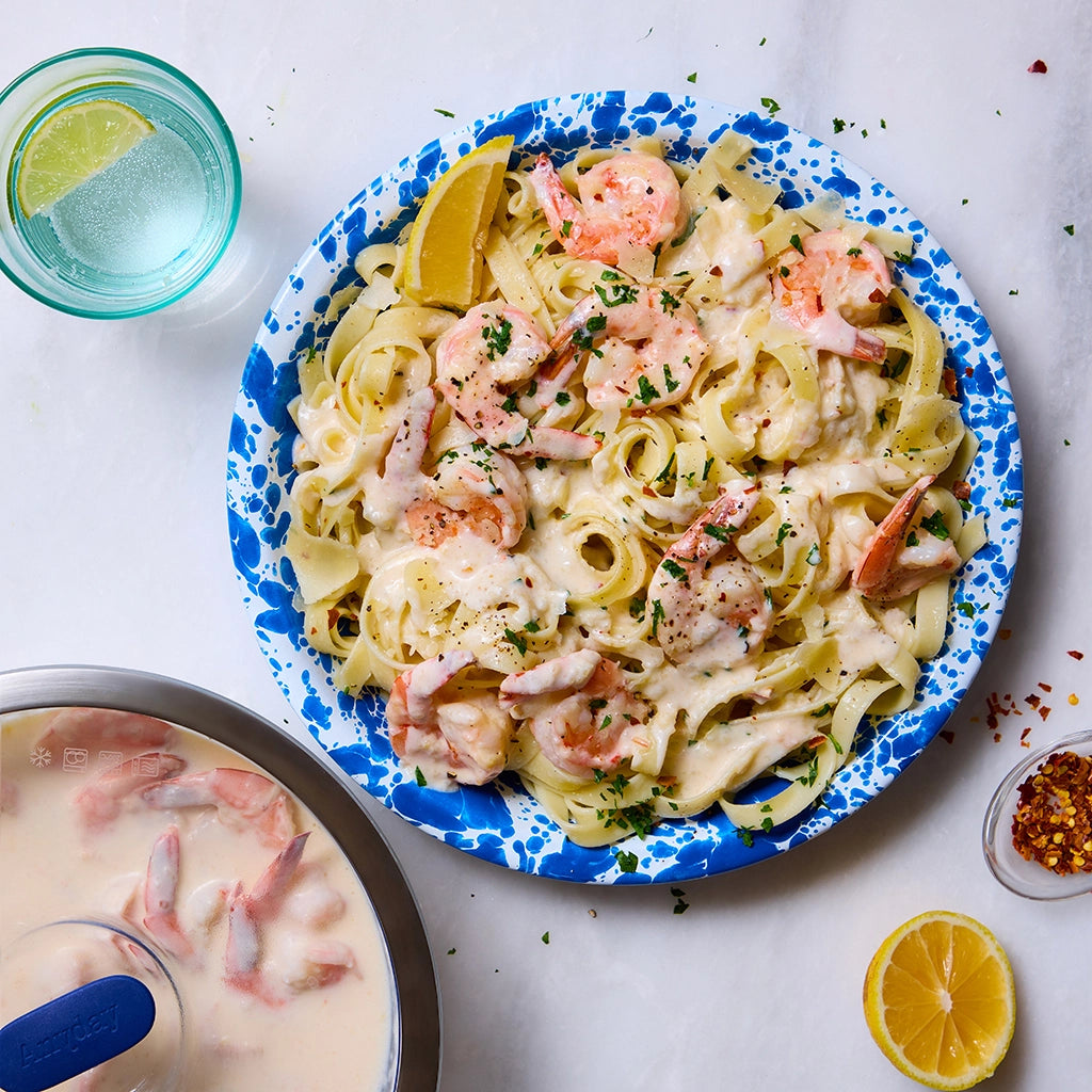 Creamy Garlic Butter Shrimp made and served in the glass Anyday dish, perfect to enjoy with pasta 