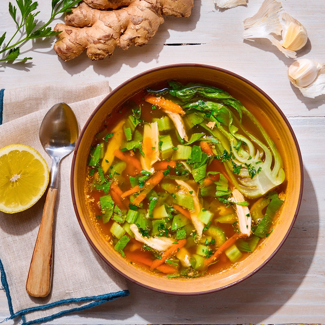 Ginger Garlic Soup made and served in the glass Anyday dish, featuring a savory broth with ginger, garlic, and fresh herbs for a comforting and flavorful soup.