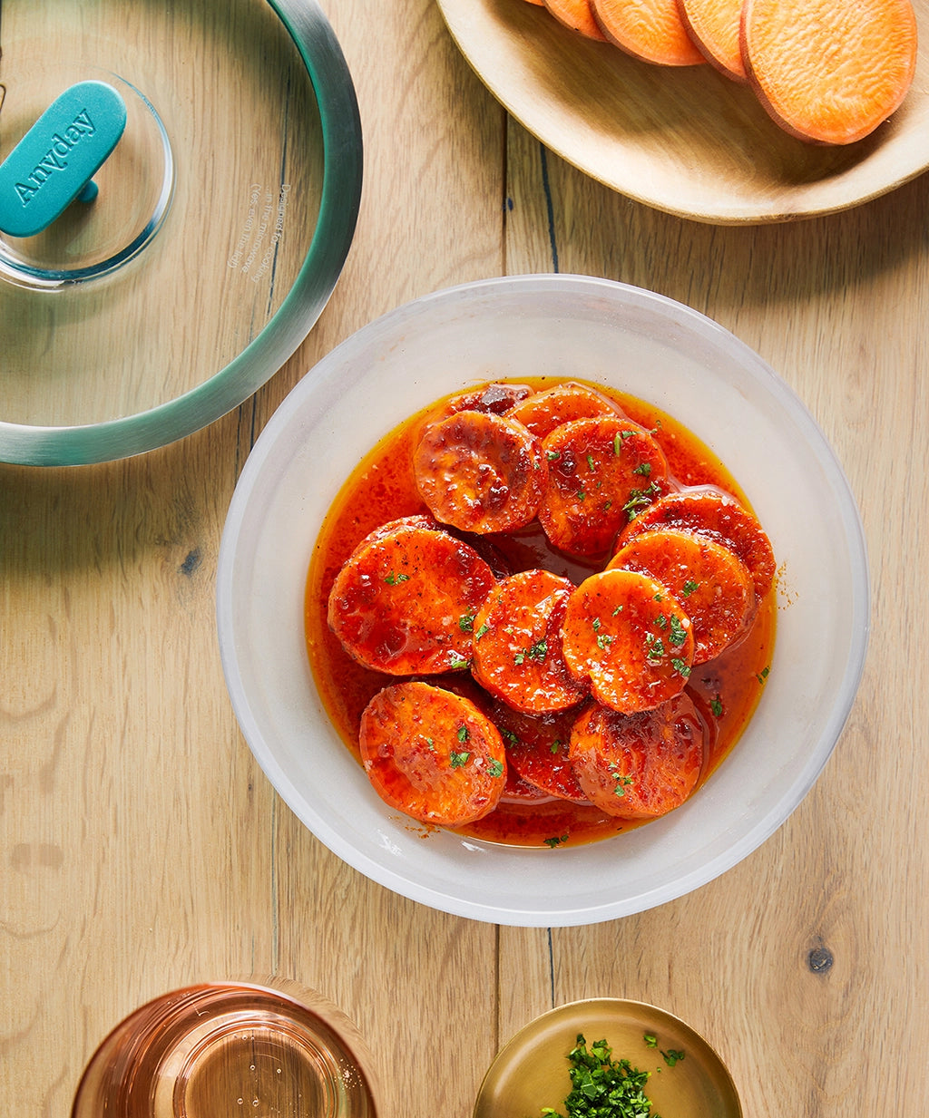 Honey Chipotle Yams made and served in the glass Anyday dish, with tender yams glazed in a sweet and spicy honey-chipotle sauce.