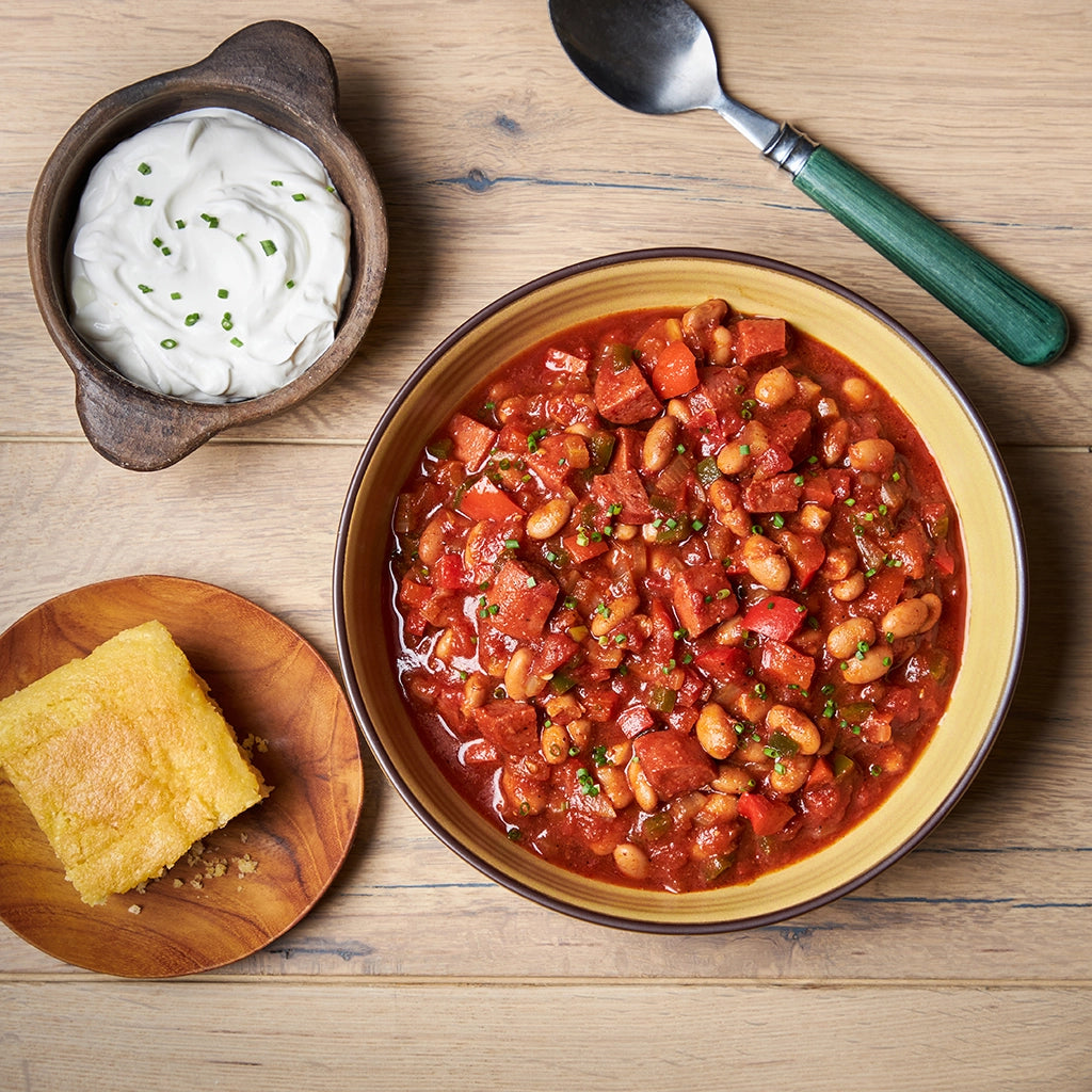 Hot Link Chili made and served in the glass Anyday dish, with spicy hot link sausages, beans, and tomatoes in a rich, hearty chili. sauce