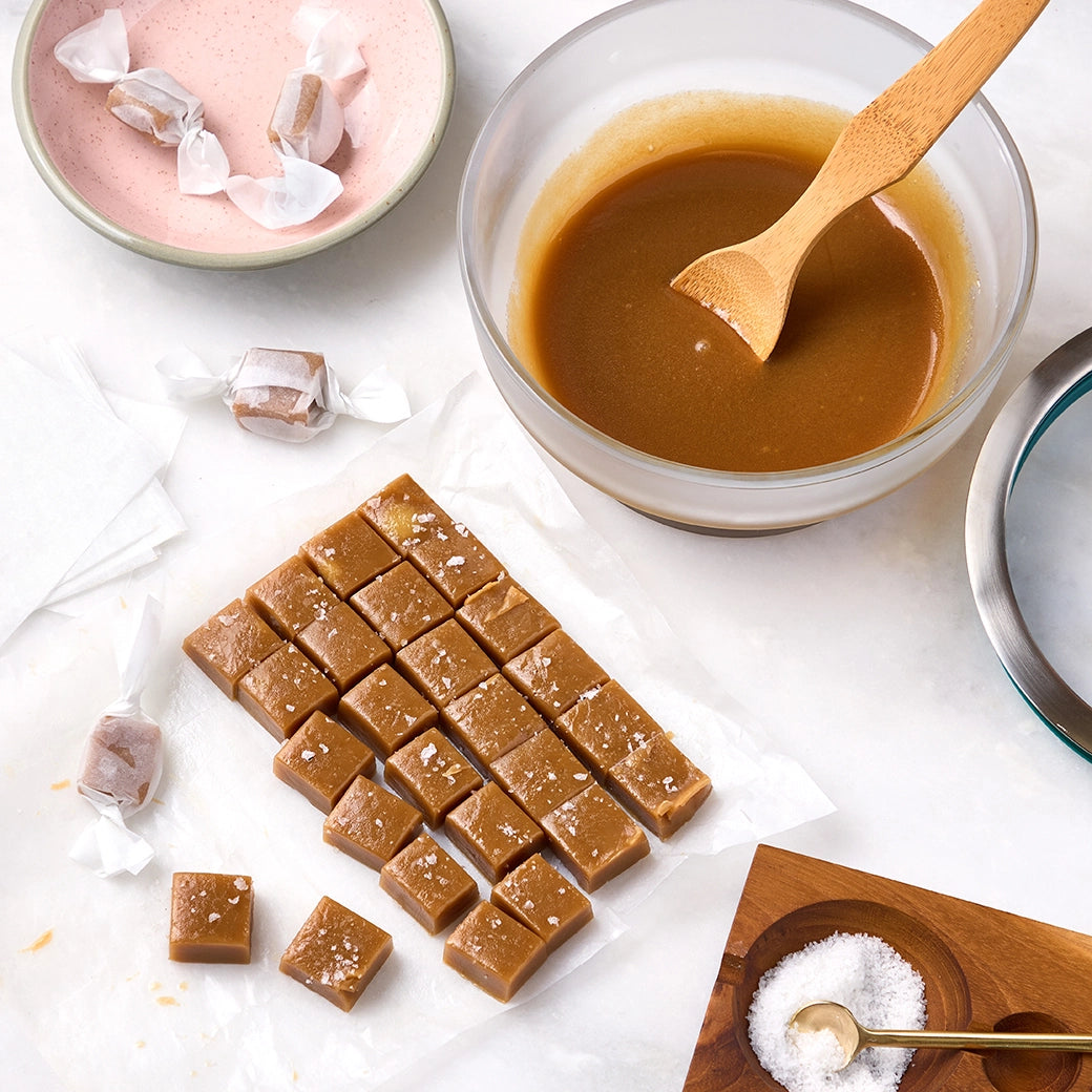 Quick no-thermometer caramel made in the glass Anyday dish, featuring a rich and buttery caramel sauce. This method ensures perfectly smooth caramel, ideal for drizzling over desserts or making candies.