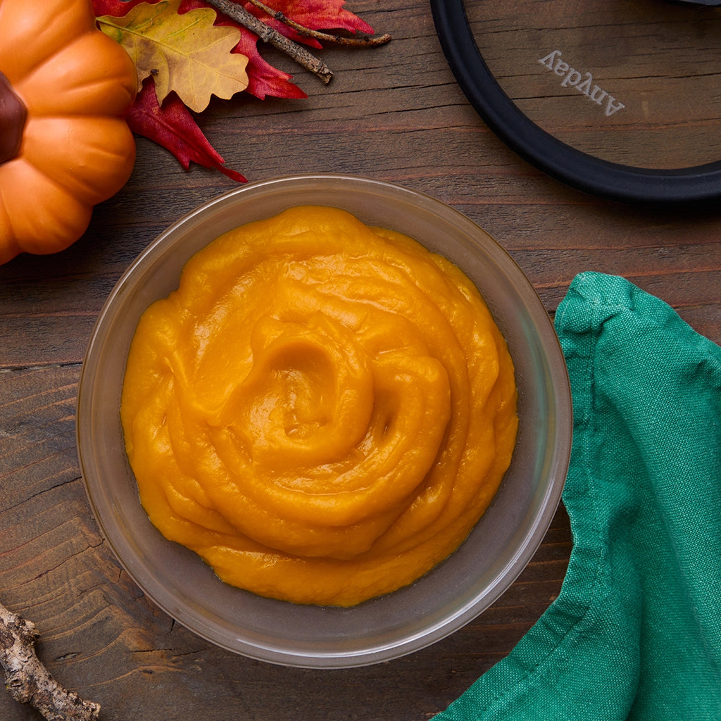 Smooth and creamy pumpkin purée made in the glass Anyday dish, featuring fresh pumpkin cooked to perfection. This quick and easy microwave recipe delivers a versatile purée, perfect for baking, cooking, or as a nutritious addition to various dishes.