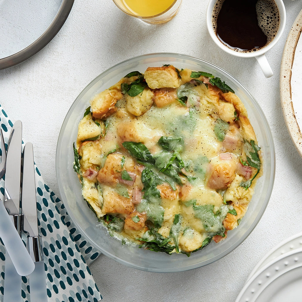 Perfectly cooked breakfast casserole made in the microwave with the glass Anyday dish, ensuring a fluffy, flavorful start to your day. Enjoy a quick and satisfying breakfast that's ready in minutes.