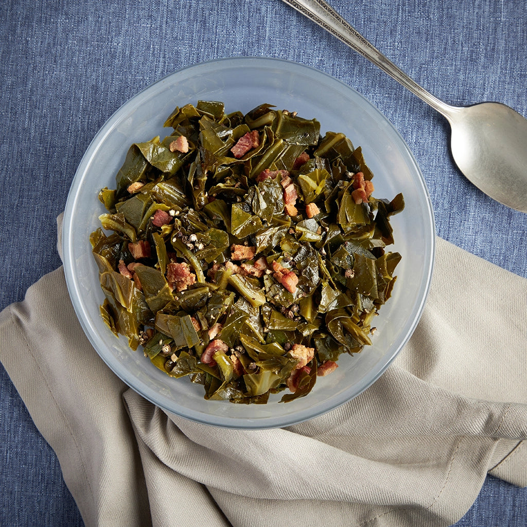 Flavorful collard greens cooked in the microwave using the glass Anyday dish, combined with onions, garlic, and smoked paprika for a savory, smoky taste. Enjoy a quick and nutritious Southern-inspired side dish, ready in minutes.