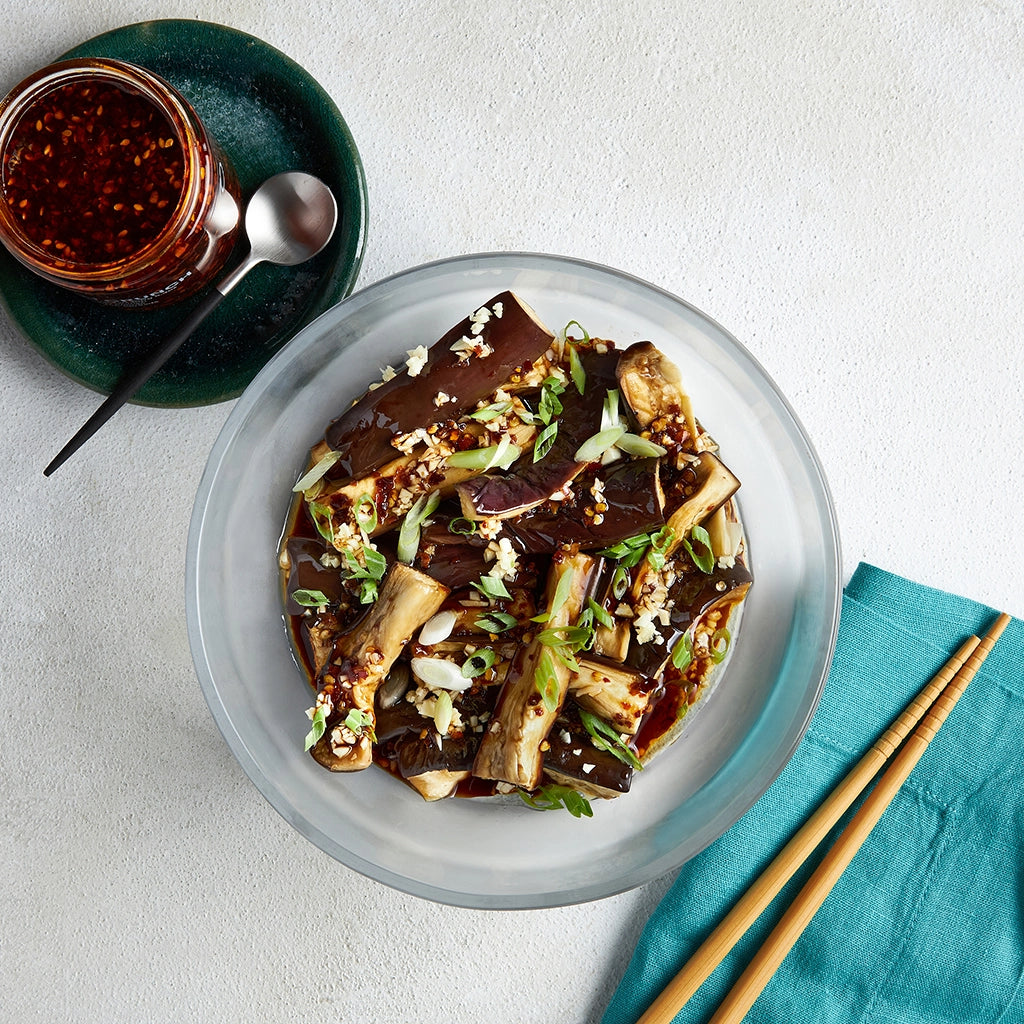 Spicy Chinese eggplant cooked in the microwave using the glass Anyday dish, delivering tender eggplant infused with bold, spicy flavors. Enjoy a quick and flavorful side dish or vegetarian main, ready in minutes.