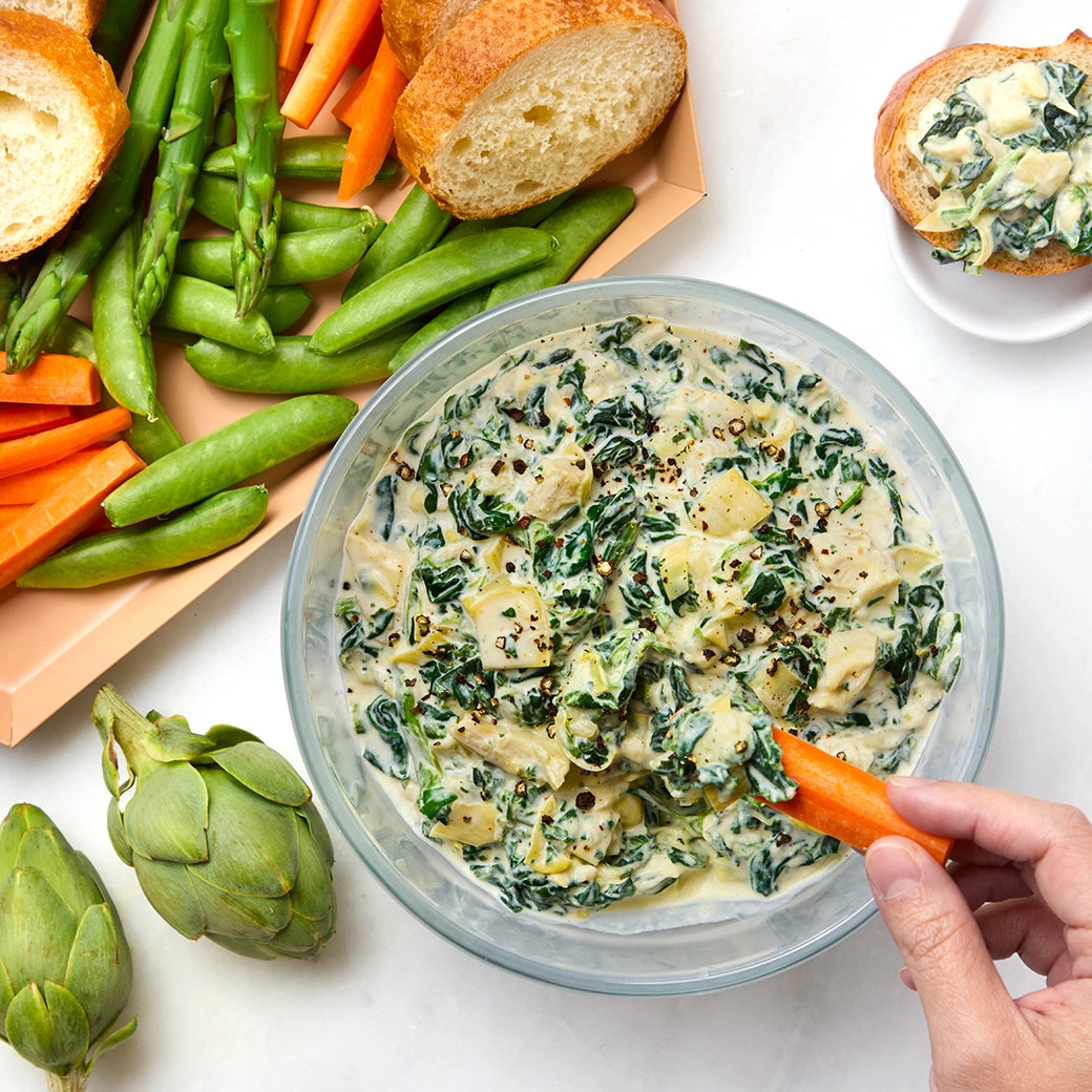 Deliciously creamy spinach dip made in the microwave using the glass Anyday dish, delivering rich flavors and a smooth texture. Perfect for a quick and satisfying appetizer, ready in minutes.