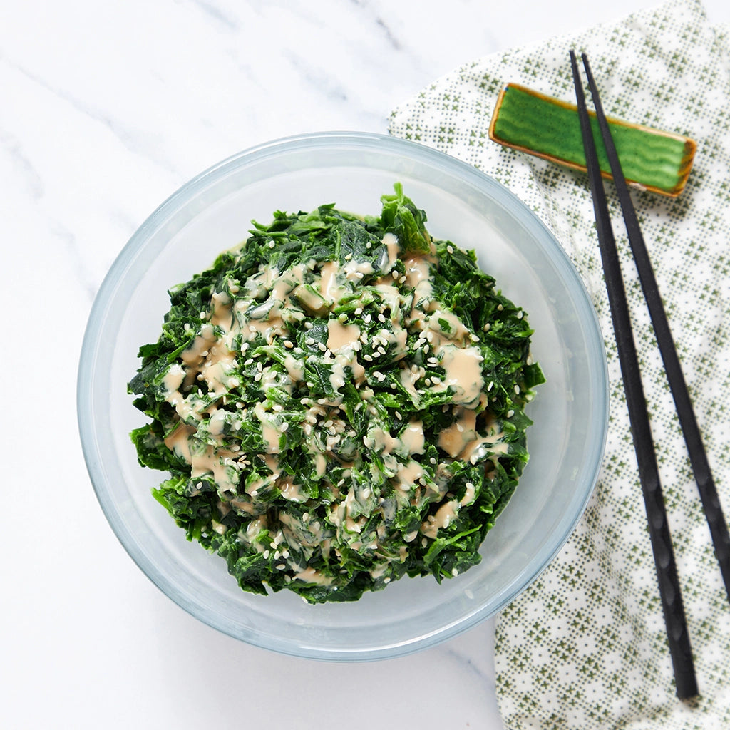 Spinach Gomaae with sesame dressing made in the microwave using the glass Anyday dish, ensuring tender spinach coated in a flavorful sesame sauce. Enjoy a quick and authentic Japanese-inspired side dish, ready in minutes.