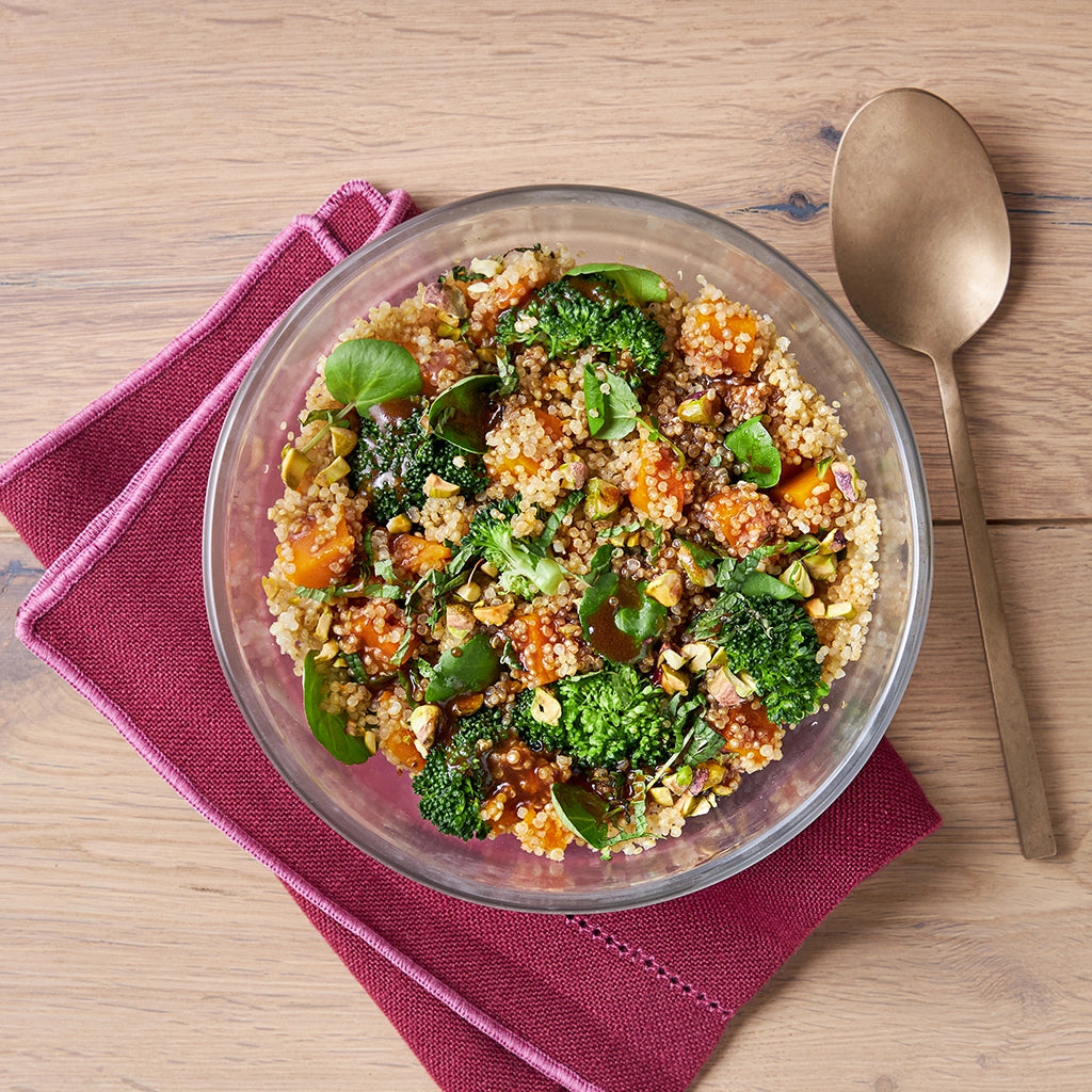 Squash and quinoa cooked in the microwave, combined with pistachios  made using the glass Anyday dish, offering a satisfying mix of textures and flavors. Enjoy a quick and nutritious meal, ready in minutes.